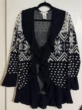 Style & Co. Black & White Fair Isle Ruffle Front Cardigan Size Medium